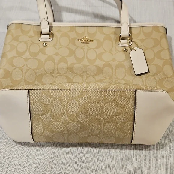 COACH F58294 Zip Top Tote In Signature Canvas Logo Khaki Chalk - Picture 4 of 12